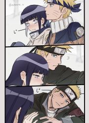 1boy 1girl black_hair blonde_hair blush byakugan commentary_request couple flak_jacket forehead_protector highres hyuuga_hinata jacket konohagakure_symbol looking_at_another naruto:_the_last naruto_(series) notane_n uzumaki_naruto 