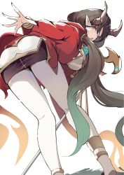  1girl bent_over black_hair black_skirt brown_horns duel_masters fiona_(duel_masters) from_behind highres horns koshian_(taiyaki) looking_back low_twintails open_mouth pantyhose pointy_ears red_rope rope skirt solo staff twintails white_pantyhose yellow_eyes 