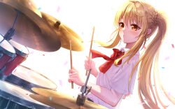  1girl absurdres blush bocchi_the_rock! bow bowtie braid choppy_bangs commentary_request confetti cymbals drum drum_set drumsticks dutch_angle highres holding holding_drumsticks ijichi_nijika instrument kiliza long_hair looking_at_viewer looking_to_the_side parted_lips partial_commentary polka_dot polka_dot_bow polka_dot_bowtie red_bow red_bowtie red_eyes shirt short_sleeves side_ponytail side_ponytail_with_braided_base simple_background solo turning_head white_background white_mouth white_shirt 