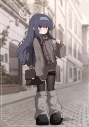  1girl absurdres alternate_costume aran_sweater bag balenjeong black_hair black_pantyhose black_shoes black_skirt blue_archive blue_eyes blue_hairband blurry blurry_background blush brown_bag brown_halo brown_scarf cable_knit closed_mouth full_body grey_socks hairband halo highres long_hair long_sleeves looking_at_viewer loose_socks outdoors pantyhose playing_with_own_hair puffy_long_sleeves puffy_sleeves scarf shoes shoulder_bag skirt smile socks solo sweater ui_(blue_archive) wavy_mouth 