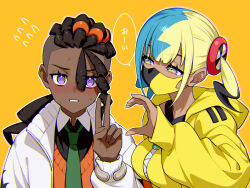  7dango7 @_@ black_hair blonde_hair blue_hair blush breasts canari_(pokemon) commentary_request dark-skinned_female dark-skinned_male dark_skin flustered flying_sweatdrops green_necktie heart_hands_failure hetero highres hood hooded_jacket jacket long_sleeves looking_at_viewer mask mouth_mask multicolored_hair naveen_(pokemon) necktie nose_blush open_clothes open_jacket orange_background orange_sweater_vest pokemon pokemon_legends:_z-a simple_background speech_bubble sweat sweater_vest translation_request twintails upper_body v violet_eyes white_jacket yellow_jacket 