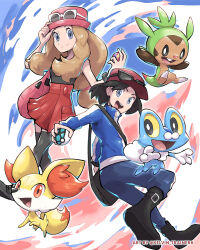  1boy 1girl :d bag black_boots blue_eyes blue_jacket boots calem_(pokemon) chespin closed_mouth commentary eyelashes eyewear_on_headwear fennekin froakie hat highres holding holding_poke_ball jacket kelvin-trainerk long_hair low-tied_long_hair net_ball open_mouth pants pink_hat pleated_skirt poke_ball pokemon pokemon_(creature) pokemon_xy red_hat red_skirt serena_(pokemon) shirt shoes shoulder_bag skirt sleeveless sleeveless_shirt smile split_mouth starter_pokemon_trio sunglasses thigh-highs white-framed_eyewear 