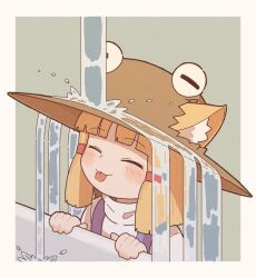  1girl :3 animal_ear_fluff animal_ears blonde_hair border brown_hat cat_ears closed_eyes closed_mouth green_background hakugomaabura_(kourin1219) hat highres kemonomimi_mode moriya_suwako shirt sidelocks solo tongue tongue_out touhou turtleneck upper_body water water_drop white_border white_shirt 