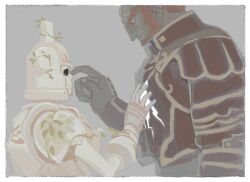  26_zzzzzz 2boys armor beard crack cracked_armor dark-skinned_male dark_skin facial_hair forehead_jewel from_side full_armor ganondorf grey_background hand_on_another's_chest hand_on_another's_face height_difference helm helmet hero's_shade implied_yaoi ivy looking_down male_focus multiple_boys pale_color red_facial_hair red_hair short_hair sideburns skeleton the_legend_of_zelda the_legend_of_zelda:_twilight_princess upper_body very_short_hair 
