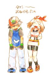  1boy 1girl ash_ketchum baseball_cap black_hair brown_hair commentary_request hat hthtmrmr may_(pokemon) pokemon pokemon_(anime) pokemon_rse_(anime) sad translation_request white_background 