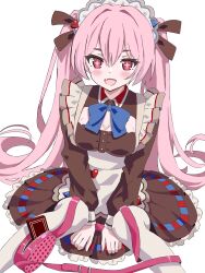  +_+ 1girl :d absurdres alternate_costume amanotti_01 apron bag between_legs blue_archive blue_bow blue_bowtie blush bow bowtie box breasts brown_dress brown_ribbon cleavage_cutout clothing_cutout commentary dress enmaided fang feet_out_of_frame frilled_apron frilled_dress frills gift gift_box hair_between_eyes hair_intakes hair_ribbon hair_spread_out hand_between_legs handbag happy highres knees_up koyuki_(blue_archive) long_hair long_sleeves looking_at_viewer maid maid_apron maid_headdress medium_breasts open_mouth pantyhose pink_hair red_eyes ribbon sidelocks simple_background sitting skin_fang smile solo straight_hair thick_eyebrows twintails valentine very_long_hair white_apron white_background white_pantyhose 