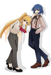  2girls alternate_costume arm_behind_back ascot black_ribbon black_shoes blonde_hair blue_hair blue_pants bocchi_the_rock! brown_shirt brown_shoes closed_mouth commentary_request double-parted_bangs full_body grey_pants hair_intakes hair_ornament hairclip high_heels highres ijichi_nijika leaning_forward lollipop_in_mouth long_hair long_sleeves misono_(misono_ttt) multiple_girls neck_ribbon pants parallel_hairclips polka_dot polka_dot_ascot red_ascot red_eyes ribbon shadow shirt shoes short_hair side_ponytail simple_background smile suspenders very_long_hair walking white_background yamada_ryo yellow_eyes 