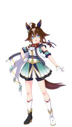  1girl animal_ears asymmetrical_footwear blue_eyes blush braid braided_ponytail breasts cape ear_ornament epiphaneia_(umamusume) gloves hair_between_eyes highres horse_ears horse_girl long_hair mismatched_footwear multicolored_hair official_art open_mouth shirt shorts shorts_under_skirt simple_background skirt sleeveless sleeveless_shirt smile socks solo transparent_background umamusume white_cape white_gloves white_socks 