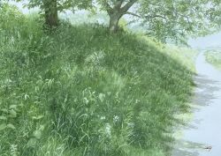  abe_toshiyuki commentary day flower grass highres no_humans original outdoors painting_(medium) path scenery signature traditional_media tree watercolor_(medium) white_flower 