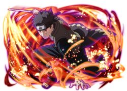  1boy black_boots black_hair black_jacket black_pants boots embers flak_jacket forehead_protector green_jacket holding holding_sword holding_weapon jacket katana konohagakure_shinobi_uniform konohagakure_symbol looking_at_viewer naruto_(series) naruto_shippuuden:_ultimate_ninja_blazing official_art on_one_knee open-toe_boots pants red_eyes sharingan short_hair sword uchiha_obito weapon 