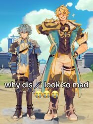  2boys arm_up armor armored_boots arms_at_sides black_gloves blonde_hair blue_eyes blue_hair boots breastplate cape churomo closed_mouth coat commentary cross_scar crying_emoji day emoji english_text fingerless_gloves full_body game_screenshot_background genshin_impact gloves grin hair_between_eyes hair_intakes hand_on_own_chest hand_on_own_hip height_difference highres lohen_(genshin_impact) looking_at_viewer male_focus meme multicolored_hair multiple_boys multiple_scars outdoors pants scar scar_on_arm scar_on_cheek scar_on_face screenshot_background shoulder_armor side-by-side side_cape smile standing staring straight-on thigh_strap two-tone_hair untranslatable_commentary varka_(genshin_impact) violet_eyes why_dis_ninja_look_so_mad_(meme) 