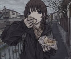  1girl absurdres backpack bag black_jacket brown_hair building canal collared_shirt crumbs dot_nose ear_piercing eating empty_eyes fence food food_wrapper grass grey_eyes gudon_udon hand_up highres holding holding_food jacket jewelry looking_at_viewer medium_hair open_mouth original overcast piercing plaid_clothes plaid_shirt railing ring rock shirt sky steamed_bun suburb tree upper_body utility_pole 