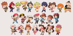  6+boys 6+girls barry_(pokemon) bianca_(pokemon) blue_oak brandon_(pokemon) calem_(pokemon) cheren_(pokemon) chibi chibi_only ethan_(pokemon) grey_background hikari_(pokemon) hilbert_(pokemon) hilda_(pokemon) holding holding_poke_ball hugh_(pokemon) leaf_(pokemon) lucas_(pokemon) lyra_(pokemon) may_(pokemon) multiple_boys multiple_girls nate_(pokemon) onemegawatt poke_ball pokemon red_(pokemon) rosa_(pokemon) serena_(pokemon) shauna_(pokemon) silver_(pokemon) third-party_source tierno_(pokemon) trevor_(pokemon) wally_(pokemon) 