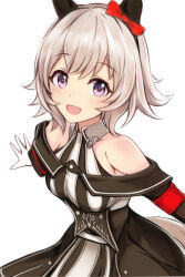  1girl animal_ears bare_shoulders blush bow breasts coat collarbone commentary_request curren_chan_(fille_eclair)_(umamusume) curren_chan_(umamusume) dress ear_bow ear_covers gloves grey_hair horse_ears horse_girl horse_tail long_sleeves looking_at_viewer medium_breasts nannacy7 off-shoulder_coat off-shoulder_dress off-shoulder_jacket off_shoulder open_mouth red_bow short_hair simple_background smile solo striped_clothes striped_dress tail umamusume vertical-striped_clothes vertical-striped_dress violet_eyes white_background white_gloves 