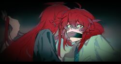  2girls absurdres alternate_universe bound crying dark_background drill_hair gag hair_down highres improvised_gag kasane_teto killlb liar_dancer_(synthesizer_v) looking_at_viewer multiple_girls necktie nervous_sweating red_eyes red_hair scared sweat tape tape_gag tears translation_request twin_drills ultra_trailer_(synthesizer_v) 