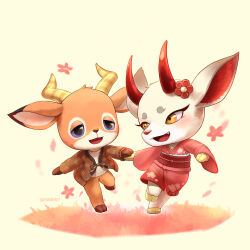  1boy 1girl absurdres animal_crossing beau_(animal_crossing) blue_eyes commentary_request deer_boy deer_girl fang full_body furry furry_female furry_male highres hoishere7 japanese_clothes kimono korean_commentary looking_at_another open_mouth pink_kimono shino_(animal_crossing) wide_sleeves yellow_eyes 