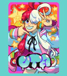  1girl black_ribbon commentary cowboy_shot dress hair_over_one_eye headphones highres hood hooded_jacket jacket looking_at_viewer mimscosara multicolored_hair neck_ribbon one_eye_closed one_piece one_piece_film:_red red_hair red_nails ribbon smile solo sparkle star_(symbol) two-tone_hair uta_(one_piece) violet_eyes white_dress white_hair white_nails 