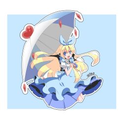  1girl alice's_adventures_in_wonderland alice_(alice_in_wonderland) apron blonde_hair blue_apron blue_dress blue_eyes blue_headband commentary_request dress headband highres hinosita_hikari holding holding_umbrella long_hair looking_at_viewer open_mouth smile solo umbrella very_long_hair 