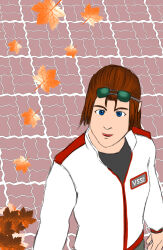 1boy 2022 alan_dunaway blue_eyes brown_hair flat_color glasses leaf leaves male male_focus male_only namco patterned patterned_background portrait rozen0902 time_crisis time_crisis_3