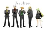  1girl 4boys archer archer_(fate/extra) archer_of_black archer_of_red bespectacled blonde_hair brown_hair crossed_arms dango fate/apocrypha fate/extra fate/stay_night fate/zero fate_(series) food formal gilgamesh glasses green_hair multiple_boys necktie scarf shimaneko skirt_suit suit wagashi white_hair wink 