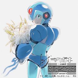  1boy android armor blue_armor blue_helmet bouquet commentary cowboy_shot flower from_behind green_eyes helmet looking_at_viewer looking_back male_focus mega_man_(series) mega_man_x_(series) solo standing to_i_to_io untranslatable_commentary white_flower x_(mega_man) 
