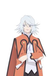  1girl artist_request black_pants black_trim blue_eyes coat commentary cowboy_shot crossed_arms game_cg lips looking_to_the_side medium_hair official_art orange_coat pants raine_sage shirt smile solo standing tales_of_(series) tales_of_asteria tales_of_symphonia third-party_source transparent_background white_hair white_shirt 