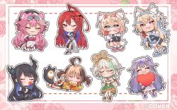  6+girls ahoge animal_ear_fluff animal_ears asymmetrical_horns black_hair black_horns blonde_hair blue_eyes blue_fire blue_hair box breasts cecilia_immergreen chibi colored_inner_hair commentary demon_horns dog_ears dog_girl doll_joints elizabeth_rose_bloodflame english_commentary fire flower fuwawa_abyssgard gigi_murin green_hair hair_ornament heart-shaped_box highres hololive hololive_english horns joints koseki_bijou kukie-nyan large_breasts long_hair mococo_abyssgard mole mole_under_eye mouth_hold multicolored_hair multiple_girls nerissa_ravencroft panther_ears panther_girl pink_hair raora_panthera red_eyes red_flower red_hair red_rose rose siblings streaked_hair uneven_horns very_long_hair virtual_youtuber winding_key 