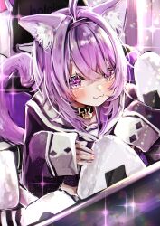  1girl :3 absurdres ahoge animal_ears cat_ears cat_girl cat_tail commentary_request highres hololive looking_at_viewer medium_hair nekomata_okayu nekomata_okayu_(school_uniform) official_alternate_costume onigirya_(nekomata_okayu) purple_hair purple_shirt shirt smile solo tail violet_eyes virtual_youtuber yuzuno_wagiri 