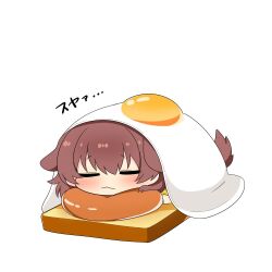  1girl :< animal_ears blush bread bread_slice breakfast brown_hair chibi chibi_only closed_eyes commentary_request dog_ears dog_girl dog_tail facing_viewer food fried_egg from_above from_side hololive inugami_korone inugami_korone_(1st_costume) lying morning on_food on_stomach oversized_food oversized_object simple_background sleeping solo sound_effects sound_effects_only tail toast twumi white_background 