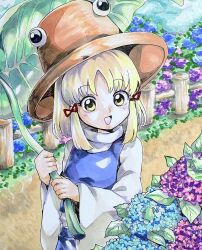  1girl :d absurdres blue_flower brown_hat commentary_request fence flower fondan hair_ribbon hand_up hat highres holding holding_leaf hydrangea leaf leaf_umbrella light_blush long_sleeves looking_at_viewer medium_hair moriya_suwako open_mouth outdoors purple_flower purple_skirt purple_vest red_ribbon ribbon shirt skirt skirt_set smile solo touhou traditional_media turtleneck turtleneck_shirt vest white_shirt wide_sleeves wooden_fence yellow_eyes 