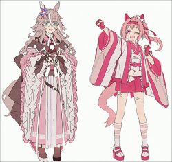  2girls :d adapted_costume animal_ears asymmetrical_footwear bandaid bandaid_on_leg black_gloves black_shoes bow commentary_request ear_bow ear_covers ear_ornament fingerless_gloves full_body gloves green_eyes grey_hair hair_between_eyes hakama hakama_skirt hakusai_(tiahszld) haru_urara_(bestest_prize)_(umamusume) haru_urara_(umamusume) hashtag-only_commentary headband highres horse_ears horse_girl horse_tail japanese_clothes kimono long_hair long_sleeves looking_at_viewer mismatched_footwear multicolored_hair multiple_girls open_mouth outstretched_arm pink_eyes pink_gloves pink_hair pink_headband pink_kimono pink_skirt pink_socks ponytail shoes simple_background single_ear_cover skirt smile socks standing steepled_fingers streaked_hair striped_clothes striped_socks tail umamusume white_background white_bow white_hakama white_kimono white_shoes white_socks white_streaks wide_sleeves wonder_acute_(butterfly_sting)_(umamusume) wonder_acute_(umamusume) zipper 
