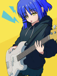  1girl black_hoodie black_skirt blue_eyes bocchi_the_rock! commentary cowboy_shot electric_guitar gibson_les_paul green_eyes guitar highres hood hood_down hoodie instrument long_sleeves looking_at_viewer mole mole_under_eye music playing_instrument pleated_skirt short_hair skirt solo standing tongue tongue_out user_huhj7422 yamada_ryo yellow_background 