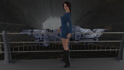  1girl 3d advanced_ship_(eve_online) attack_ship_(eve_online) black_boots black_hair blue_shirt blue_skirt boots braid breasts caldari_state_(eve_online) combat_ship_(eve_online) commentary cruiser_(eve_online) electronic_warfare_ship_(eve_online) emblem english_commentary eve_online exploration_ship_(eve_online) floating floating_object from_side full_body game_screenshot_background gran22 hangar high_heel_boots high_heels highres ishukone_corporation_(eve_online) kaalakiota_corporation_(eve_online) knee_boots lai_dai_corporation_(eve_online) lips long_hair long_sleeves looking_at_viewer medium_breasts military_vehicle miniskirt minmatar_republic_(eve_online) original railing realistic science_fiction screenshot_background shirt skirt solo spacecraft spacecraft_interior standing strategic_cruiser_(eve_online) support_ship_(eve_online) tech_3_ship_(eve_online) tengu_(eve_online) 