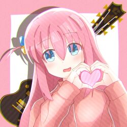  1girl blue_eyes bocchi_the_rock! border choppy_bangs commentary_request cube_hair_ornament dot_nose electric_guitar gibson_les_paul gotoh_hitori guitar hair_ornament hands_up heart heart_hands highres himajin_atelier instrument jacket long_hair long_sleeves looking_at_viewer open_mouth outside_border pink_border pink_hair pink_jacket shadow solo track_jacket upper_body white_background 