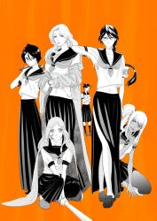  6+girls armband bandaid bandaid_on_cheek bandaid_on_face bandaid_on_nose bleach bleach:_epilogue blowing_bubble_gum bokken breasts cape chest_sarashi chewing_gum cigarette commentary_request delinquent folded_ponytail ganguro gekkousha glasses greyscale_with_colored_background gyaru hair_ornament holding holding_cigarette holding_weapon inoue_orihime ise_nanao kneehighs kuchiki_rukia large_breasts loafers long_skirt matsumoto_rangiku medium_breasts medium_skirt multiple_girls navel opaque_glasses orange_background pleated_skirt sarashi school_uniform serafuku shoes short_hair side_ponytail skirt slippers socks squatting sukeban sword tongue tongue_out v wavy_hair weapon wooden_sword yadoumaru_lisa yayahara_yuyu 