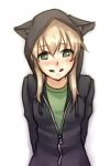  1girl animal_ears arms_behind_back blonde_hair blush cat_ears colored embarrassed flat_chest green_eyes grin hood hoodie long_hair maka_albarn smile solo soul_eater t-shirt twintails 