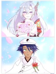  1boy 1girl armor black_hair bouquet cape commentary_request couple dark-skinned_male dark_skin green_eyes hair_between_eyes hair_branch hetero highres holding holding_bouquet ikaruga_(rune_factory) japanese_armor japanese_clothes kaguya_(rune_factory) long_hair picohara rune_factory rune_factory:_guardians_of_azuma smile violet_eyes white_cape yin_yang 