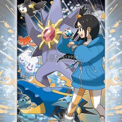  1girl artist_name black_eyes black_hair blue_jacket bracelet clawitzer commentary company_name copyright_notice cube_hair_ornament dive_ball drawstring ear_piercing emolga english_commentary eyelashes from_side hair_ornament highres holding holding_poke_ball hood hood_down hooded_jacket jacket jewelry lida_(pokemon) long_hair long_sleeves mega_pokemon mega_ring mega_starmie mega_stone merchandise_available official_style open_mouth outline piercing poke_ball pokemon pokemon_(creature) pokemon_legends:_z-a pokemon_team smile standing starmie tatsugiri tatsugiri_(curly) tom_higgins vanilluxe vaporeon watermark white_outline 