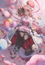  1girl absurdres animal_ears ardelia_(arknights) arknights arknights:_endfield balloon bare_shoulders black_thighhighs bow bowtie brown_hair coat commentary_request dress drill_hair drill_ponytail eyjafjalla_(arknights) full_body highres horns long_coat long_hair looking_at_viewer multicolored_coat mumu_millhayes off_shoulder pink_dress red_eyes sheep_ears sheep_girl sheep_horns side_ponytail sleeveless sleeveless_dress solo thigh-highs two-tone_coat white_bow white_bowtie white_coat 
