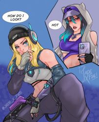  2girls absurdres animal_hood artist_name ashe_(overwatch) asymmetrical_clothes baggy_pants baseball_cap beanie biting_own_lip black_gloves black_hair black_hat black_nails blonde_hair blue_eyes blue_hair blue_tattoo breasts chain chain_necklace chest_protector commentary detached_sleeves earrings english_commentary english_text eyeshadow face_piercing facial_tattoo fearless_ashe fingerless_gloves freckles freja_(overwatch) gloves grey_eyeshadow grey_gloves hair_between_eyes hat headphones highres holding holding_phone hood hood_up hoop_earrings jade_x_fire jewelry long_hair makeup medallion medium_breasts midriff multicolored_hair multiple_girls nail_polish necklace nose_piercing official_alternate_costume official_alternate_hair_color overwatch pants phone piercing purple_sports_bra red_eyes red_lips ribbed_gloves solo_focus speech_bubble sports_bra streetwear streetwear_freja taking_picture tattoo two-tone_hair wireless_headphones yuri 