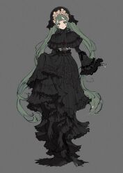  1girl absurdres bone character_request check_character commentary dress frills gothic_lolita green_eyes grey_background grey_hair hairband hatsune_miku highres ito_(silva) lolita_fashion long_hair long_sleeves looking_at_viewer ribs simple_background smile solo twintails untranslatable_commentary very_long_hair vocaloid 