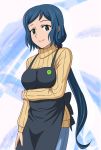  1girl apron badge blue_eyes blue_hair blush breast_hold button_badge gundam gundam_build_fighters haro_button_badge inou_hiroaki iori_rinko jeans lipstick long_hair looking_at_viewer makeup ponytail ribbed_sweater smile solo sweater very_long_hair 