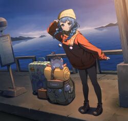  1girl arahashi_tabi backpack bag beanie black_pantyhose blue_eyes blue_hair blue_sky braid brown_shoes commentary_request dopal1223 full_body hat highres korean_commentary long_sleeves low_twin_braids night orange_shirt outdoors pantyhose plaid_clothes plaid_scarf pom_pom_(clothes) pungdangi_(arahashi_tabi) railing rolling_suitcase scarf shirt shoes sky sleeves_past_wrists stellive suitcase twin_braids virtual_youtuber water yellow_hat yellow_scarf 