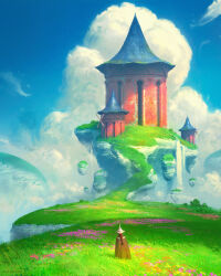  1girl absurdres artist_name blue_sky brown_cloak building cloak clouds commentary english_commentary field floating_island flower flower_field from_behind grass hat highres landscape long_hair original painterly raja_nandepu red_hair scenery sky sunlight tower water waterfall windmill witch_hat 