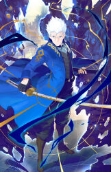  1boy blue_coat blue_eyes closed_mouth coat devil_may_cry_(series) devil_may_cry_3 fingerless_gloves gloves hair_slicked_back highres holding holding_sword holding_weapon katana male_focus nikusenpai short_hair solo sword vergil_(devil_may_cry) weapon white_hair yamato_(sword) 
