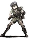 1girl arrow beret black_hair bow_(weapon) breastplate crossbow green_eyes hat hetza_(hellshock) knee_pads knife long_hair pointy_ears shorts simple_background solo thigh-highs weapon white_background 