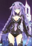  1girl absurdres black_legwear blue_eyes bodysuit braid breasts choujigen_game_neptune cleavage female highres kami_jigen_game_neptune_v purple_hair purple_heart solo symbol-shaped_pupils tagme thigh-highs tower tsunako twin_braids 