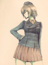  1girl black_hat black_jacket breasts brown_eyes brown_hair cross gachiling garrison_cap girls_und_panzer hand_on_own_hip hat highres iron_cross jacket kuromorimine_military_uniform large_breasts long_sleeves looking_to_the_side military military_hat military_jacket military_uniform miniskirt nishizumi_maho pleated_skirt red_shirt red_skirt shirt short_hair simple_background skirt solo traditional_media upper_body white_background 