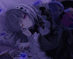  1girl absurdres acid_(maimai) black_dress black_ribbon blush book commentary_request dim_lighting dress fingernails frilled_sleeves frills gothic_lolita grey_hair hair_ornament highres jewelry l.os lolita_fashion long_sleeves looking_at_viewer lying maimai_(game) necklace on_side one_eye_closed parted_lips pillow ribbon rubbing_eyes solo stuffed_animal stuffed_toy unworn_jewelry unworn_necklace violet_eyes waking_up 