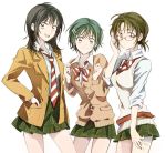  3girls black_eyes black_hair bowtie brown_hair coppelion fukasaku_aoi glasses green_eyes green_hair hair_ornament hairclip long_hair multiple_girls naruse_ibara necktie nomura_taeko penki red-framed_glasses ribbon school_uniform short_hair skirt 